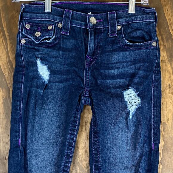True Religion Womens Jeans Blue Denim Purple Stitching Distress Capri Stretch 26 - Picture 2 of 11